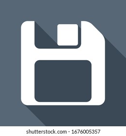 Diskette with empty label, floopy disk, save file. White flat icon with long shadow on blue background