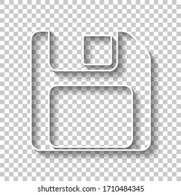 Diskette with empty label, floopy disk, save file. White outline sign with shadow on transparent background