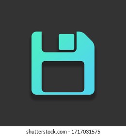 Diskette with empty label, floopy disk, save file. Colorful logo concept with soft shadow on dark background. Icon color of azure ocean