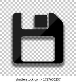Diskette with empty label, floopy disk, save file. Black glass icon with soft shadow on transparent background