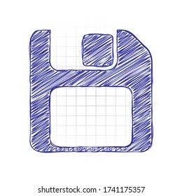 Diskette with empty label, floopy disk, save file. Hand drawn sketched picture with scribble fill. Blue ink. Doodle on white background