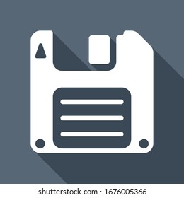Diskette, floopy disk, save file. White flat icon with long shadow on blue background