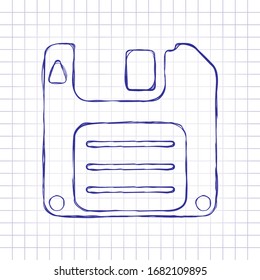 Diskette, floopy disk, save file. Hand drawn picture on paper sheet. Blue ink, outline sketch style. Doodle on checkered background