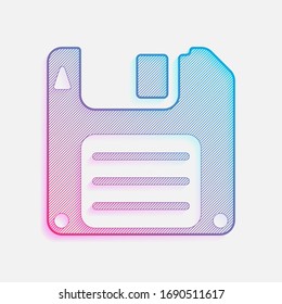 Diskette, floopy disk, save file. Colored logo with diagonal lines and blue-red gradient. Neon graphic, light effect
