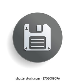 Diskette, floopy disk, save file. White paper symbol on gray round button or badge with shadow