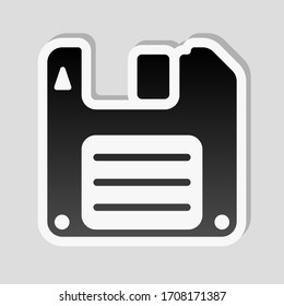 Diskette, floopy disk, save file. Sticker style with white border and simple shadow on gray background