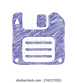 Diskette, floopy disk, save file. Hand drawn sketched picture with scribble fill. Blue ink. Doodle on white background