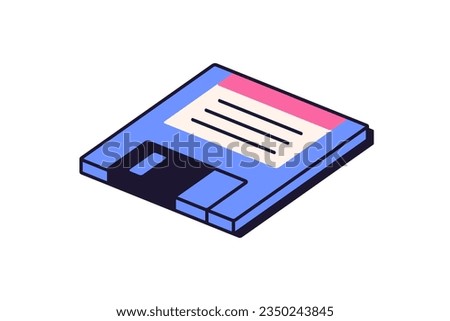 Diskette, floppy magnetic disk, 90s computer memory. Information, data storage concept. Retro old isometric icon in retrowave technology style. Flat vector illustration isolated on white background