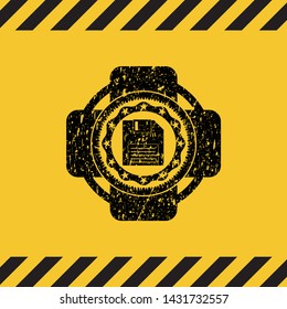 diskette icon black grunge emblem with yellow background. Vector Illustration. Detailed.