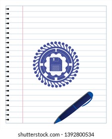 diskette icon drawn with pen strokes. Blue ink. Vector Illustration. Detailed.