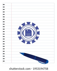 diskette icon emblem draw with pen effect. Blue ink. Vector Illustration. Detailed. 