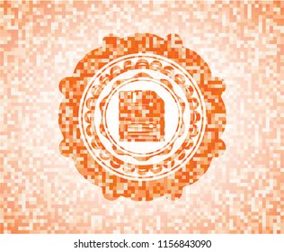diskette icon inside abstract emblem, orange mosaic background