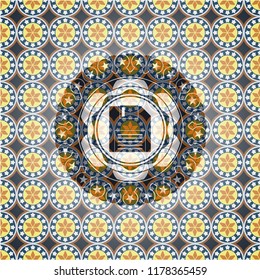 diskette icon inside arabesque badge background. arabic decoration.