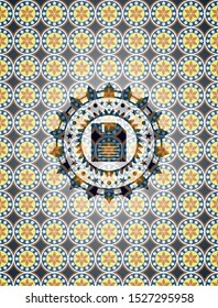 diskette icon inside arabesque badge background. arabic decoration.
