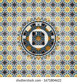 diskette icon inside arabesque style badge. arabic decoration.