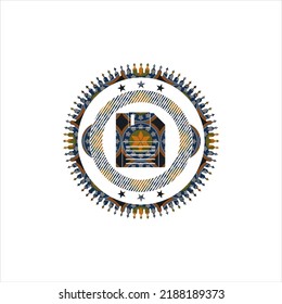 diskette icon inside arabesque style badge. arabic decoration. 