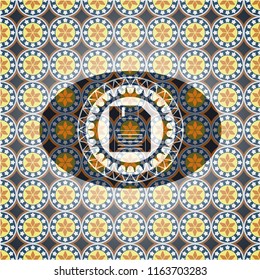 diskette icon inside arabic badge background. Arabesque decoration.