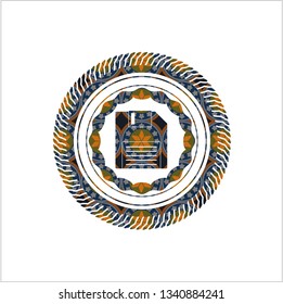 diskette icon inside arabic badge background. Arabesque decoration.