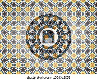 diskette icon inside arabic badge. Arabesque decoration.
