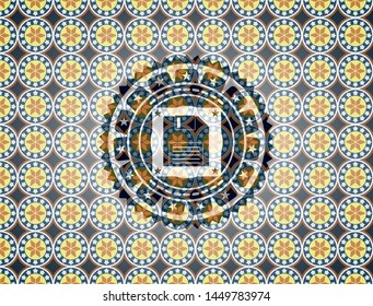 diskette icon inside arabic badge. Arabesque decoration.