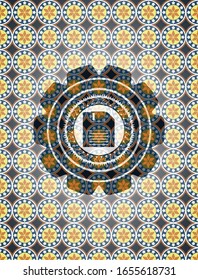 diskette icon inside arabic emblem background. Arabesque decoration.