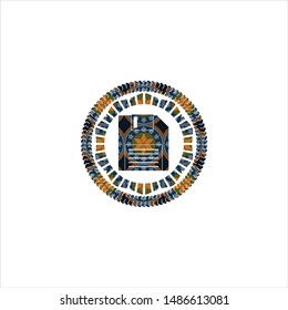 diskette icon inside arabic style badge. Arabesque decoration.