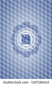 diskette icon inside blue badge with geometric background.