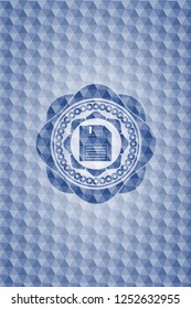 diskette icon inside blue badge with geometric background.