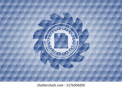 diskette icon inside blue emblem with geometric pattern.