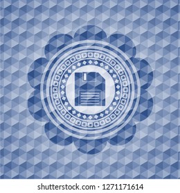 diskette icon inside blue emblem with geometric pattern.