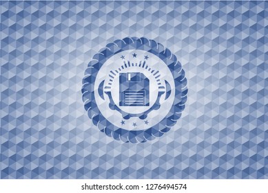 diskette icon inside blue emblem or badge with abstract geometric pattern background.