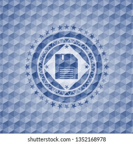 diskette icon inside blue emblem or badge with abstract geometric polygonal pattern background.