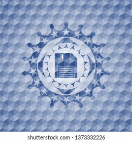 diskette icon inside blue emblem with geometric pattern.