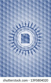 diskette icon inside blue emblem with geometric pattern.