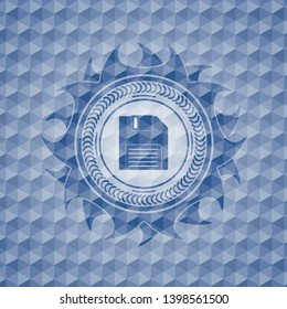 diskette icon inside blue emblem or badge with abstract geometric polygonal pattern background.