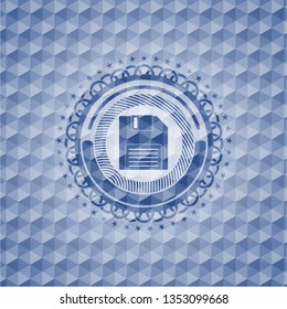 diskette icon inside blue hexagon emblem.