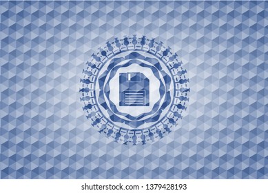 diskette icon inside blue hexagon emblem.
