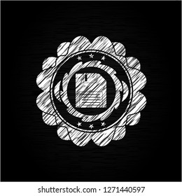 diskette icon inside chalkboard emblem