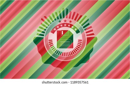 diskette icon inside christmas colors emblem.