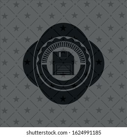 diskette icon inside dark emblem. Retro