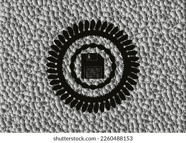 icono de disquete dentro del emblema oscuro con fondo de burbujas grises. Retro. Ilustración vectorial. Detallado. 