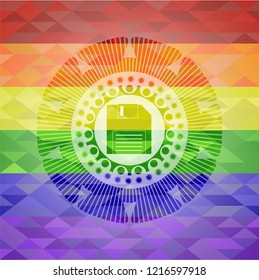 diskette icon inside emblem on mosaic background with the colors of the LGBT flag