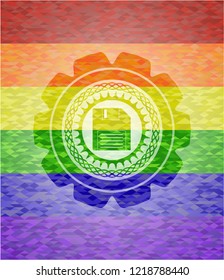 diskette icon inside emblem on mosaic background with the colors of the LGBT flag
