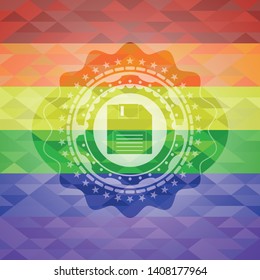 diskette icon inside emblem on mosaic background with the colors of the LGBT flag