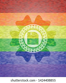 diskette icon inside emblem on mosaic background with the colors of the LGBT flag