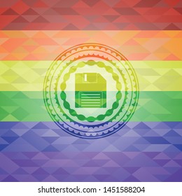 diskette icon inside emblem on mosaic background with the colors of the LGBT flag