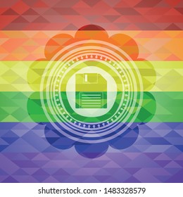 diskette icon inside emblem on mosaic background with the colors of the LGBT flag