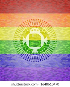 diskette icon inside emblem on mosaic background with the colors of the LGBT flag