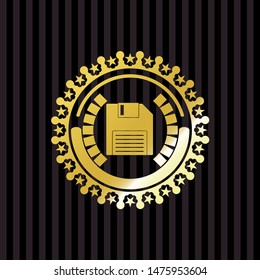 diskette icon inside gold badge or emblem