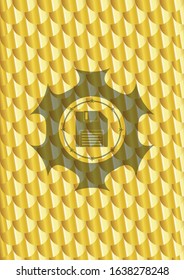 diskette icon inside gold badge. Scales pattern. Vector Illustration. Detailed.